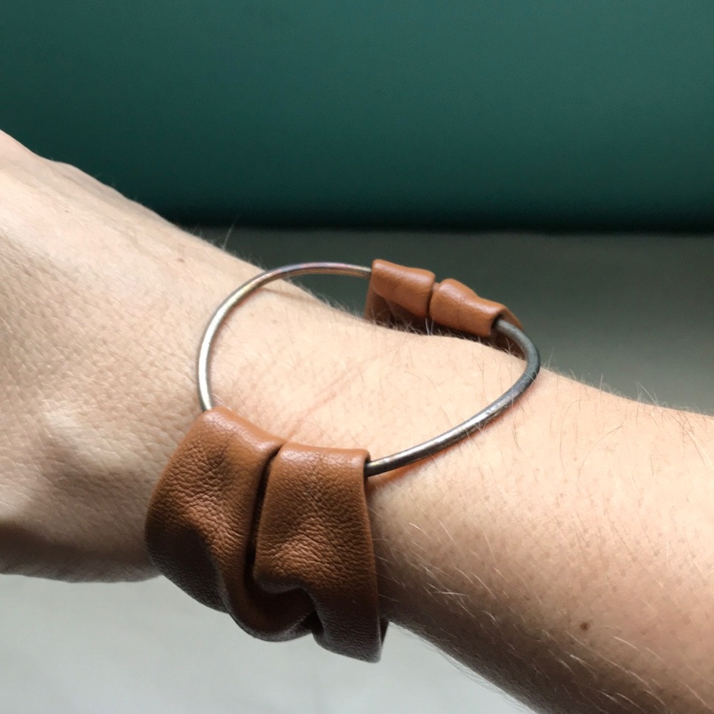 Tan leather & silver ring bracelet cuff